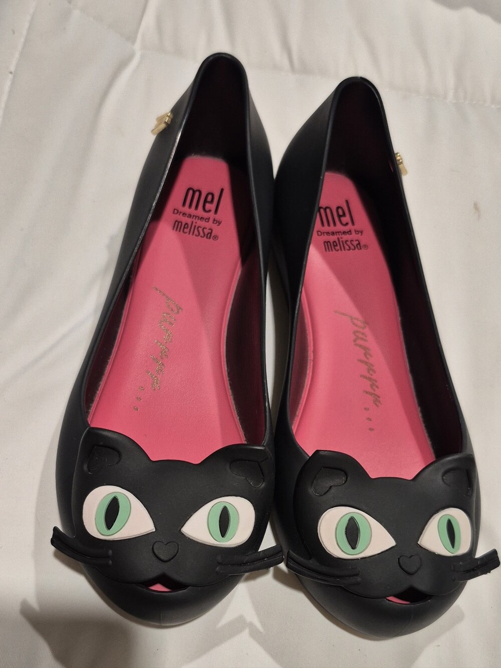 Melissa Kids Black Cat Flats with Pink Insole and Green Eyes
